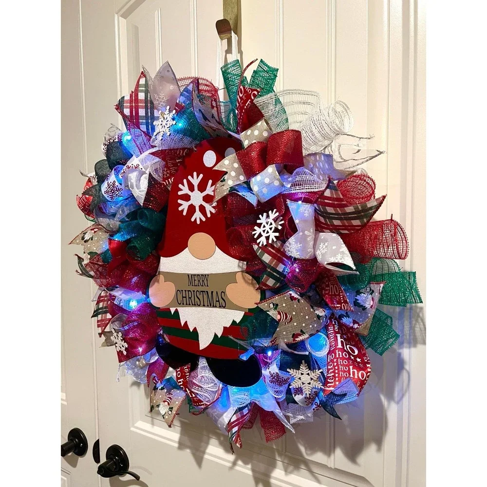 Christmas Snowflake Gnome Holiday Ribbon Door Wreath Handmade 22 ins LED W10